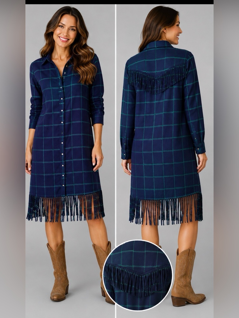 Green Navy Plaid Flannel Shirt Dress Fringe Hem Back Yoke Western Country Chic